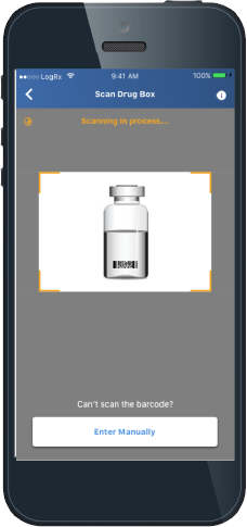 A simulated iPhone screen shows how to easily scan narcotics vials into the LogRx app to keep accurate inventory