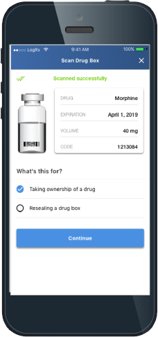 A simulated iPhone screen shows the Vial Scan Info page of the LogRx mobile app, with an image of a vial and data on inventory.