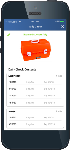 A simulated iPhone screen shows the Daily Checks screen of the LogRx mobile app, with a medication lockbox and data.