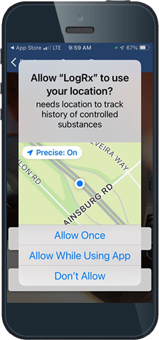 A simulated iPhone screen shows a pop-up from the LogRx mobile app, asking for permission to access location services