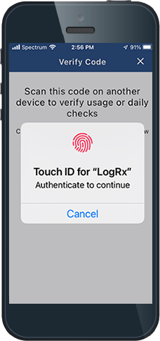 A simulated iPhone screen shows a push notification to enable TouchID for LogRx mobile app access.