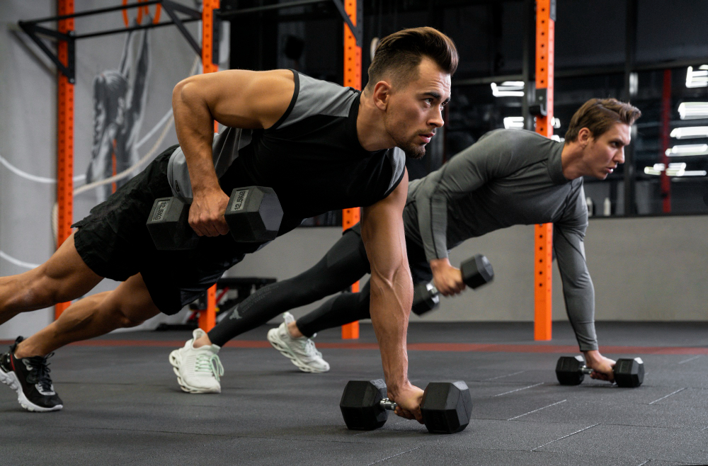 Two men are pictured working out, lifting weights in an gym environment.